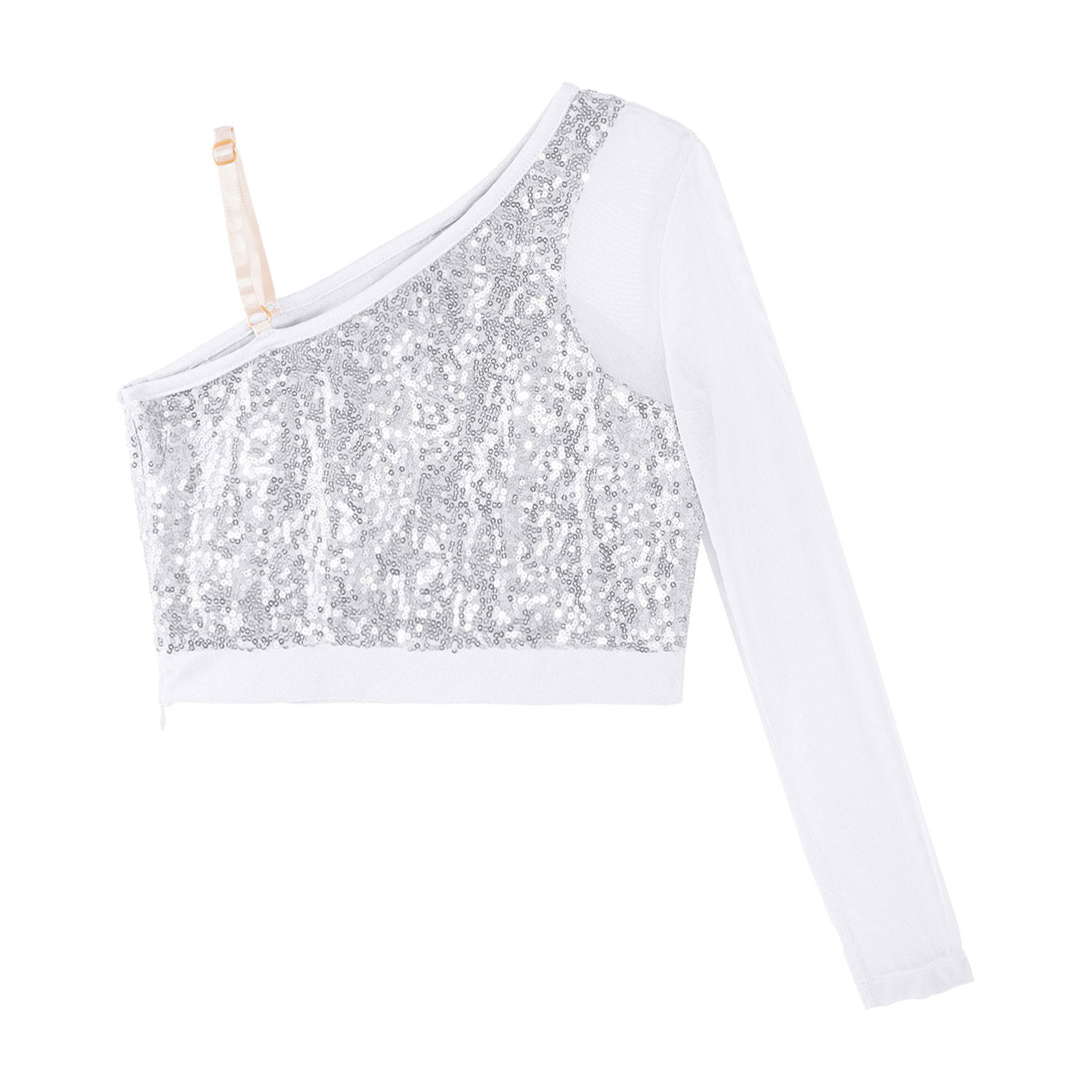 Kids Girls Jazz Dance Tops One Shoulder Shiny Sequins Crop Top for Ballet Gymnastics Skating Stage Performance Dance Wear