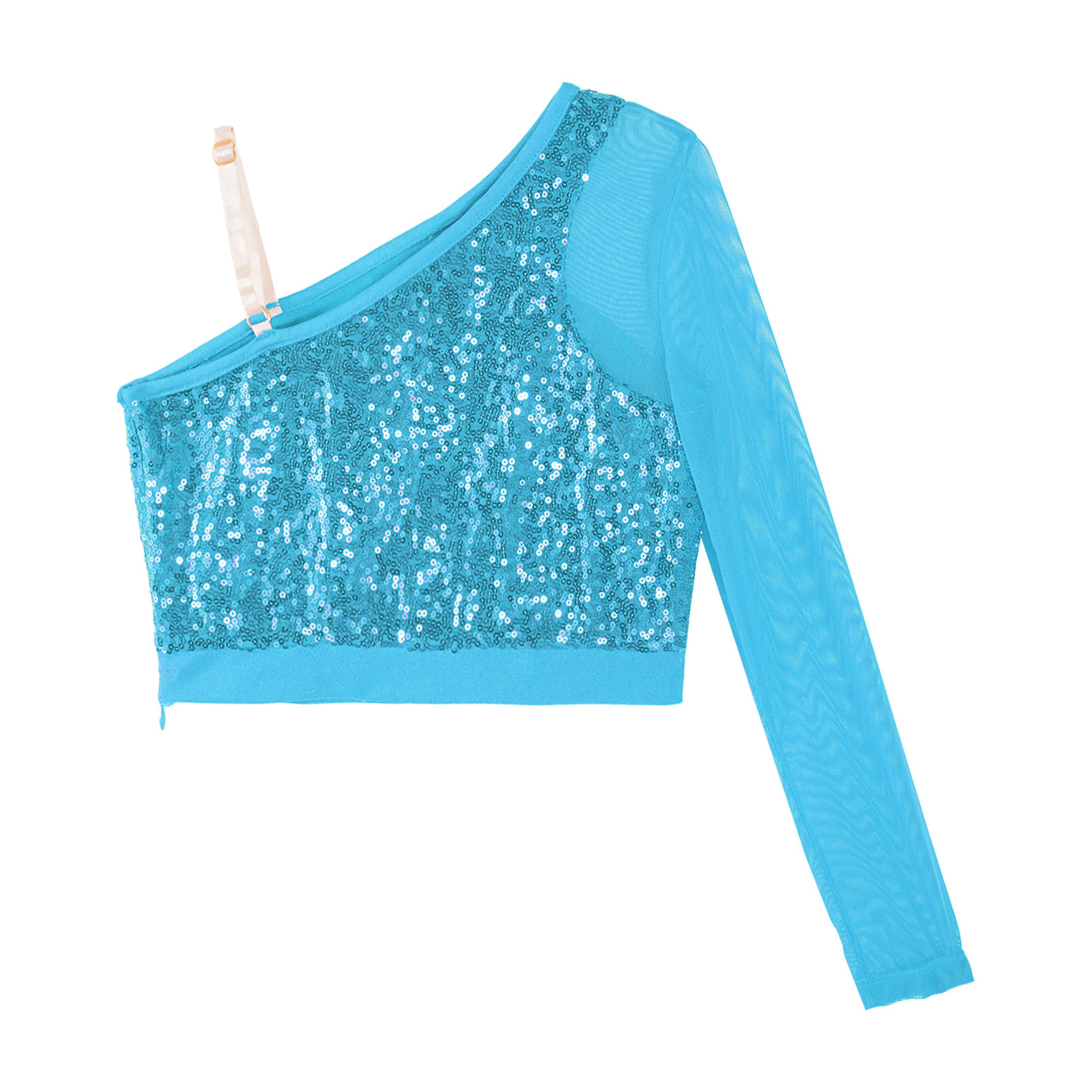 Kids Girls Jazz Dance Tops One Shoulder Shiny Sequins Crop Top for Ballet Gymnastics Skating Stage Performance Dance Wear