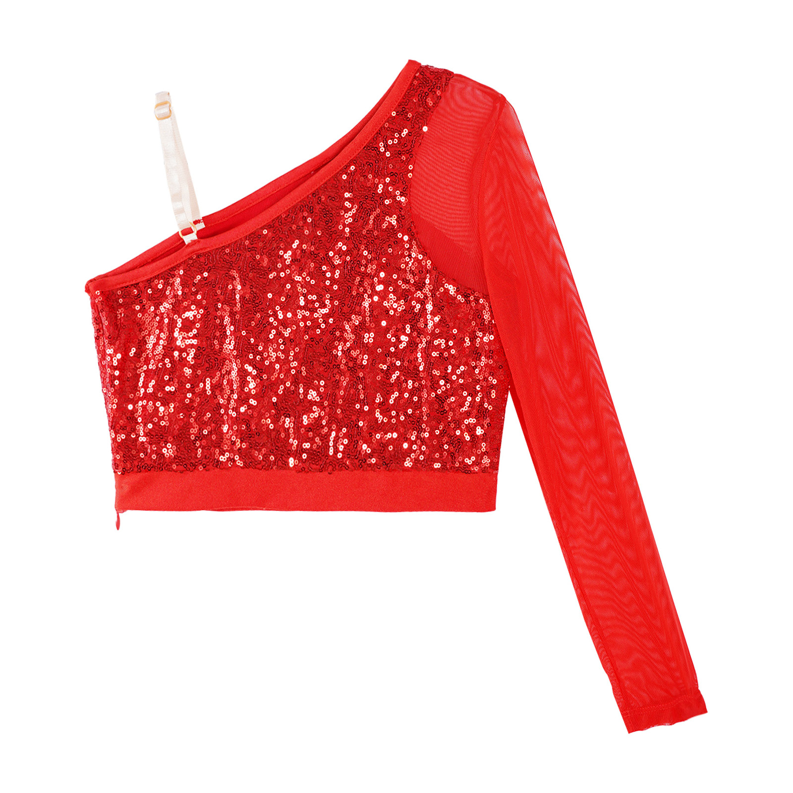 Kids Girls Jazz Dance Tops One Shoulder Shiny Sequins Crop Top for Ballet Gymnastics Skating Stage Performance Dance Wear