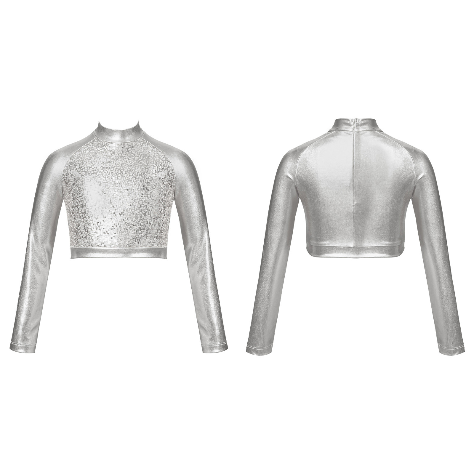 Kids Girls Jazz Dance Tops One Shoulder Shiny Sequins Crop Top for Ballet Gymnastics Skating Stage Performance Dance Wear