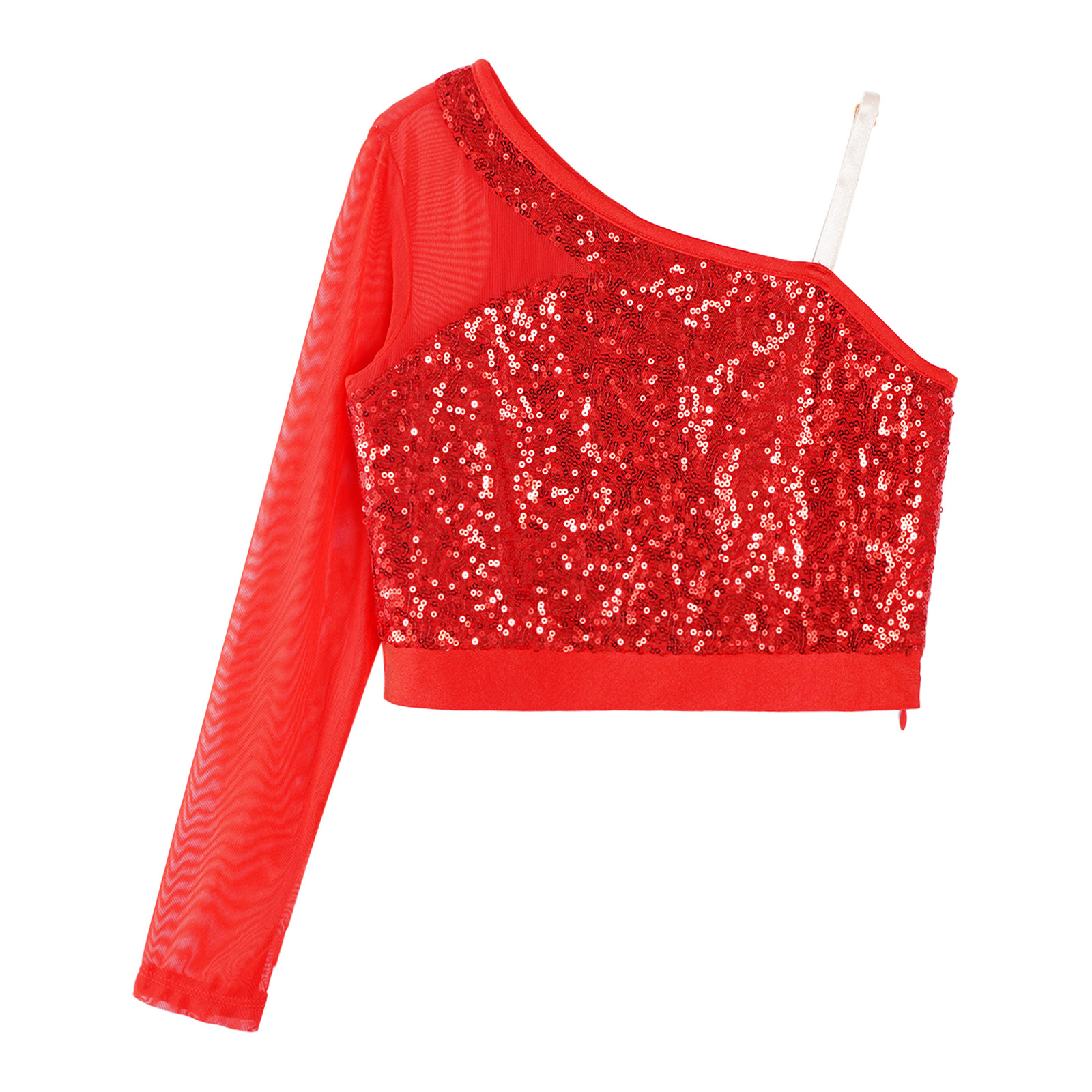 Kids Girls Jazz Dance Tops One Shoulder Shiny Sequins Crop Top for Ballet Gymnastics Skating Stage Performance Dance Wear