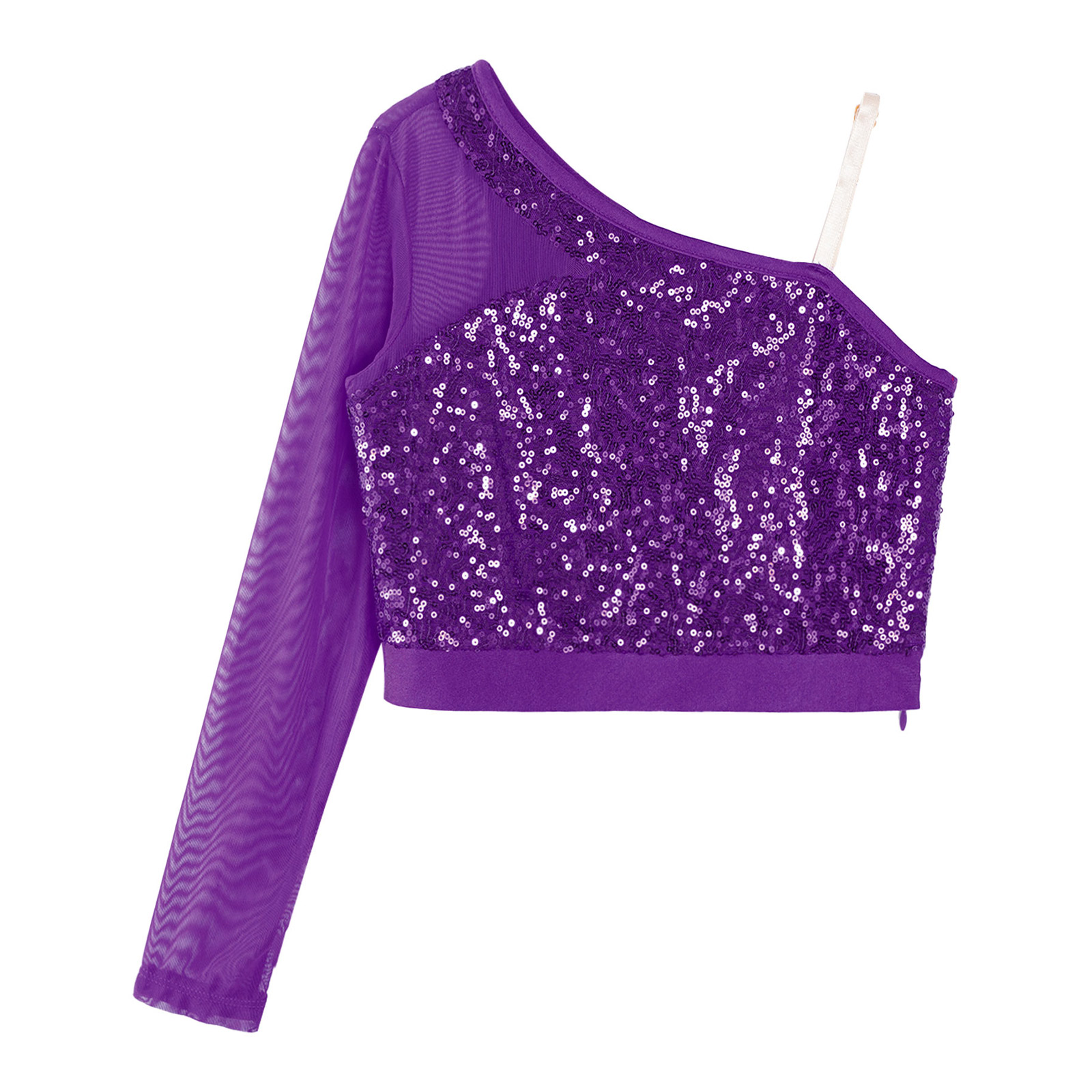 Kids Girls Jazz Dance Tops One Shoulder Shiny Sequins Crop Top for Ballet Gymnastics Skating Stage Performance Dance Wear