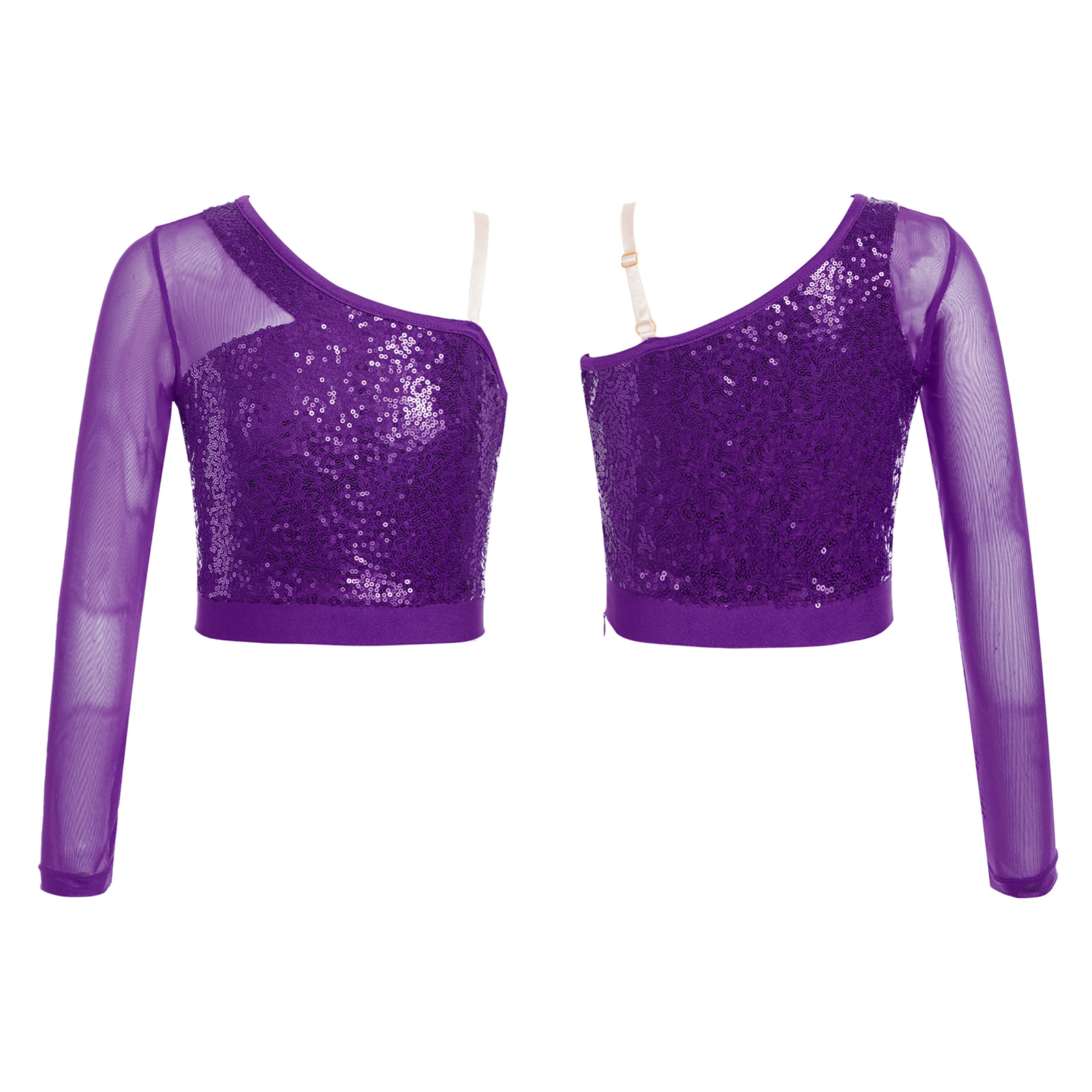 Kids Girls Jazz Dance Tops One Shoulder Shiny Sequins Crop Top for Ballet Gymnastics Skating Stage Performance Dance Wear