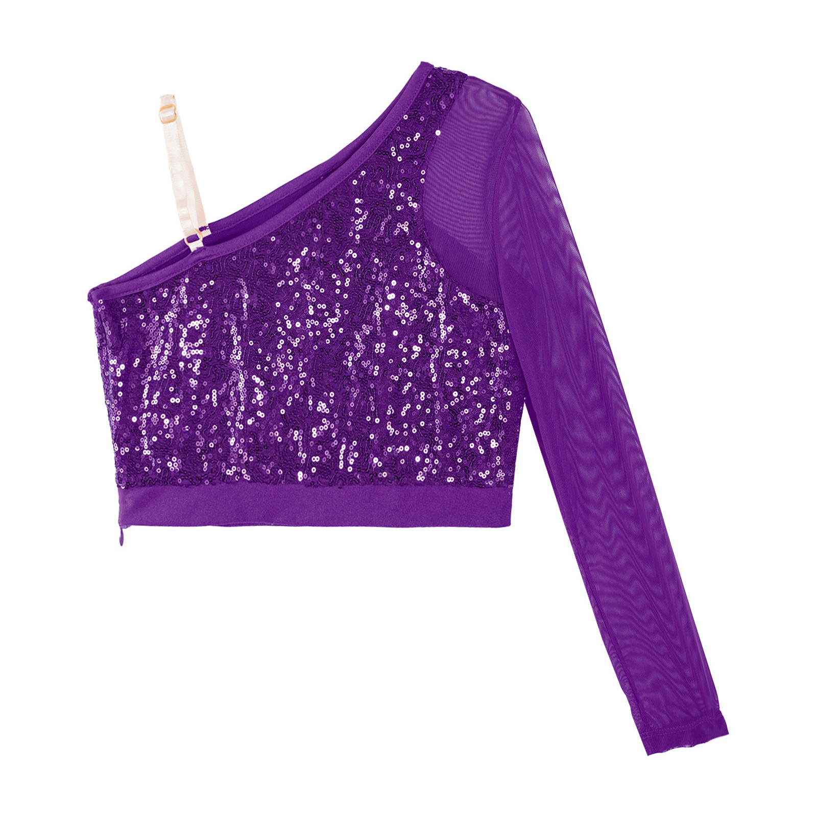 Kids Girls Jazz Dance Tops One Shoulder Shiny Sequins Crop Top for Ballet Gymnastics Skating Stage Performance Dance Wear