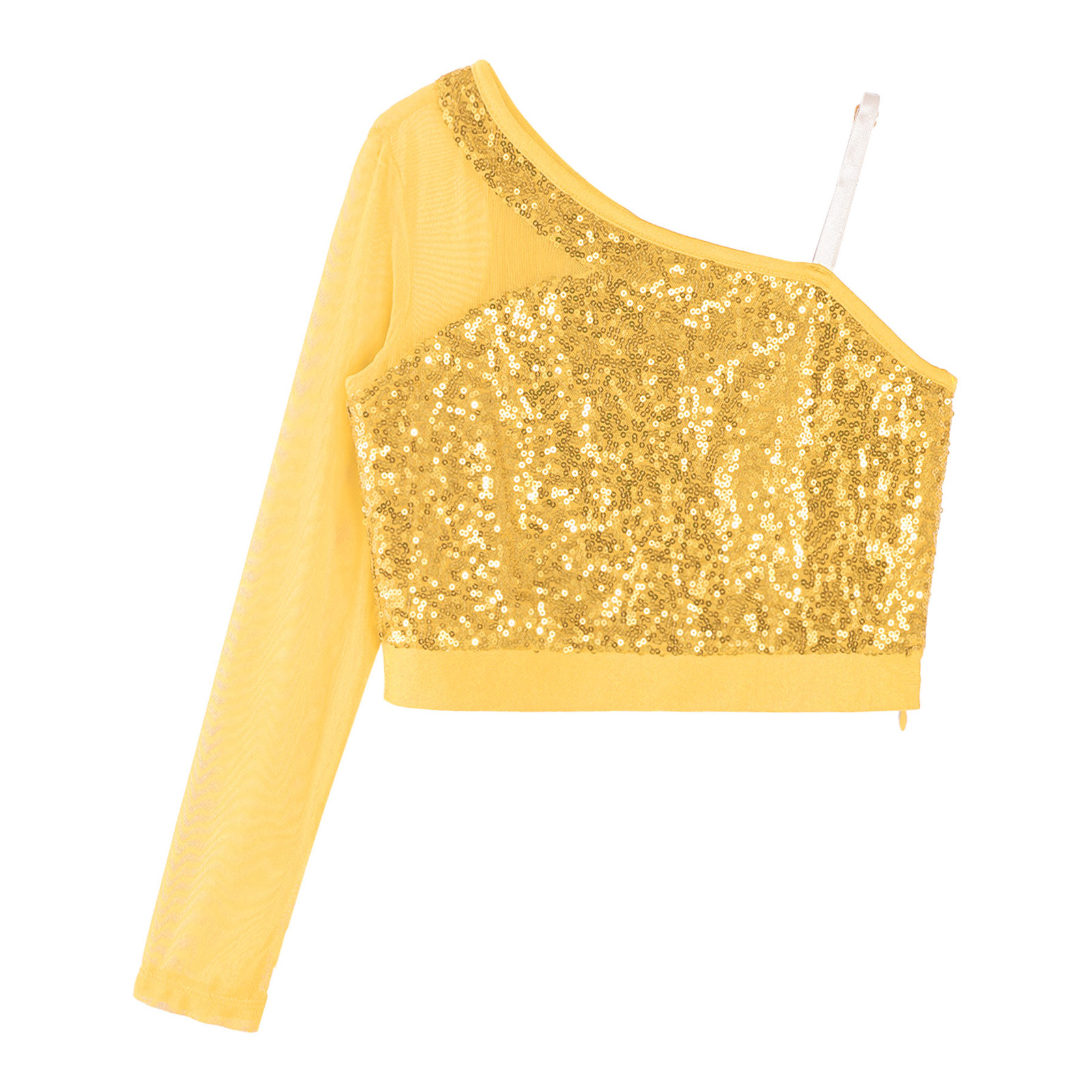 Kids Girls Jazz Dance Tops One Shoulder Shiny Sequins Crop Top for Ballet Gymnastics Skating Stage Performance Dance Wear