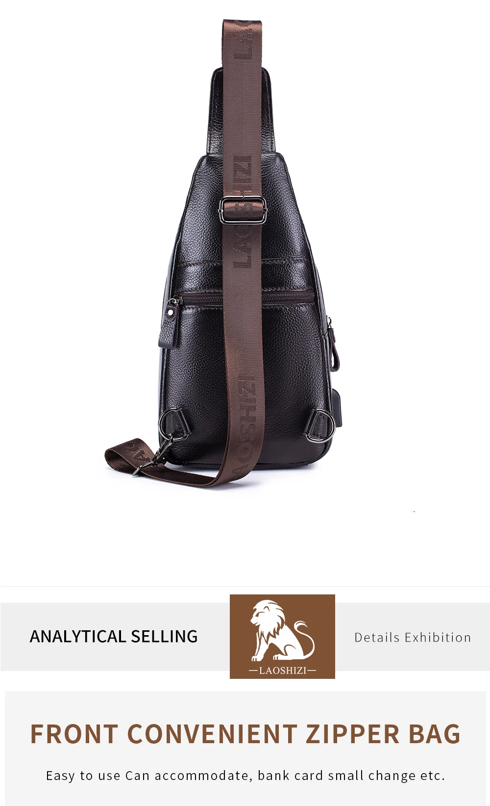 Men's leather chest bag, crossbody bag, crocodile pattern multifunctional bag with USB charging shoulder bag
