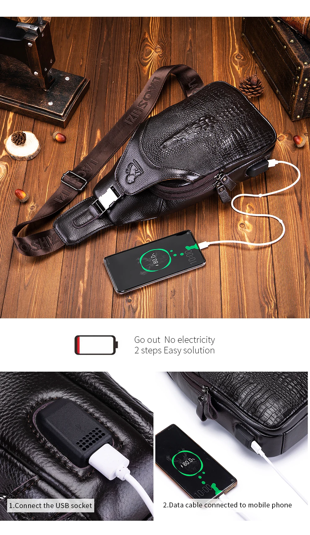 Men's leather chest bag, crossbody bag, crocodile pattern multifunctional bag with USB charging shoulder bag