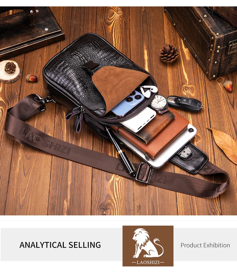 Men's leather chest bag, crossbody bag, crocodile pattern multifunctional bag with USB charging shoulder bag
