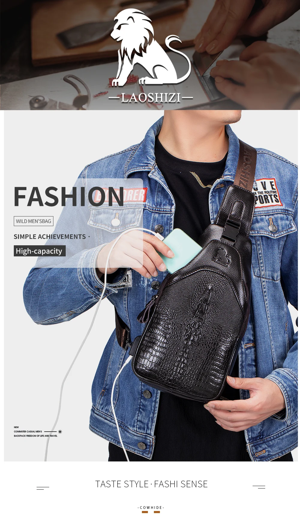 Men's leather chest bag, crossbody bag, crocodile pattern multifunctional bag with USB charging shoulder bag