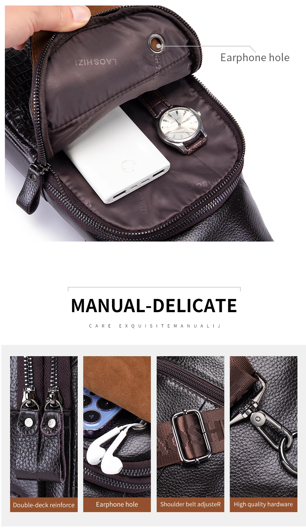 Men's leather chest bag, crossbody bag, crocodile pattern multifunctional bag with USB charging shoulder bag
