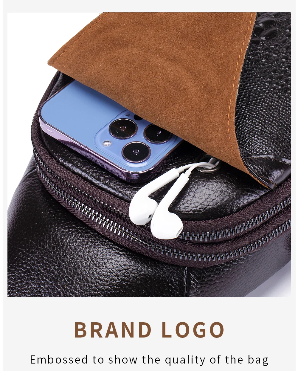 Men's leather chest bag, crossbody bag, crocodile pattern multifunctional bag with USB charging shoulder bag