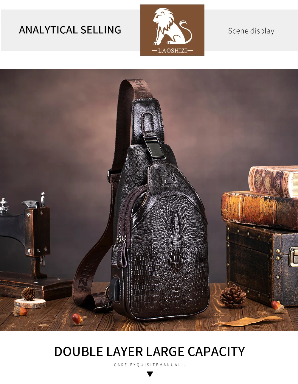 Men's leather chest bag, crossbody bag, crocodile pattern multifunctional bag with USB charging shoulder bag