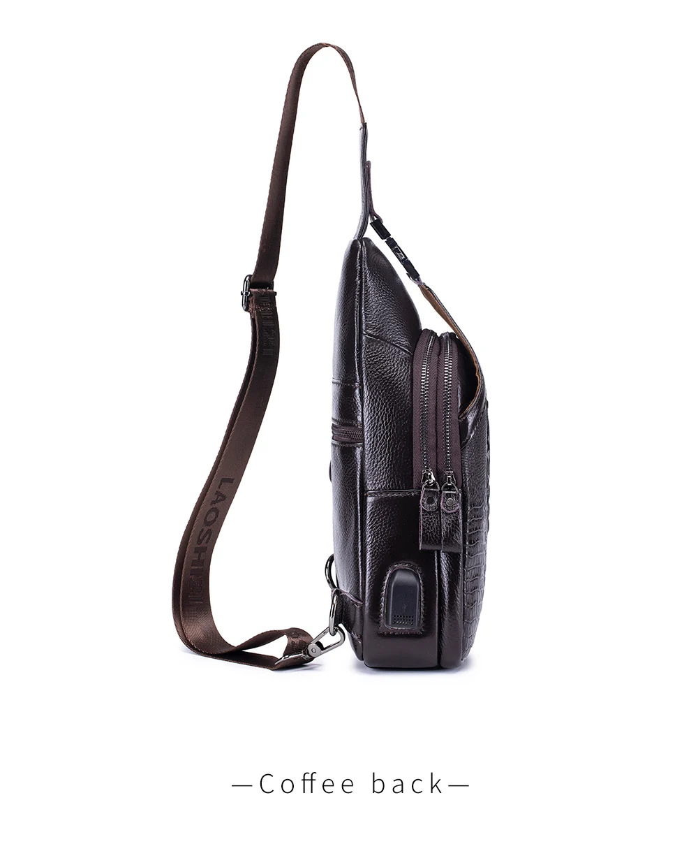 Men's leather chest bag, crossbody bag, crocodile pattern multifunctional bag with USB charging shoulder bag