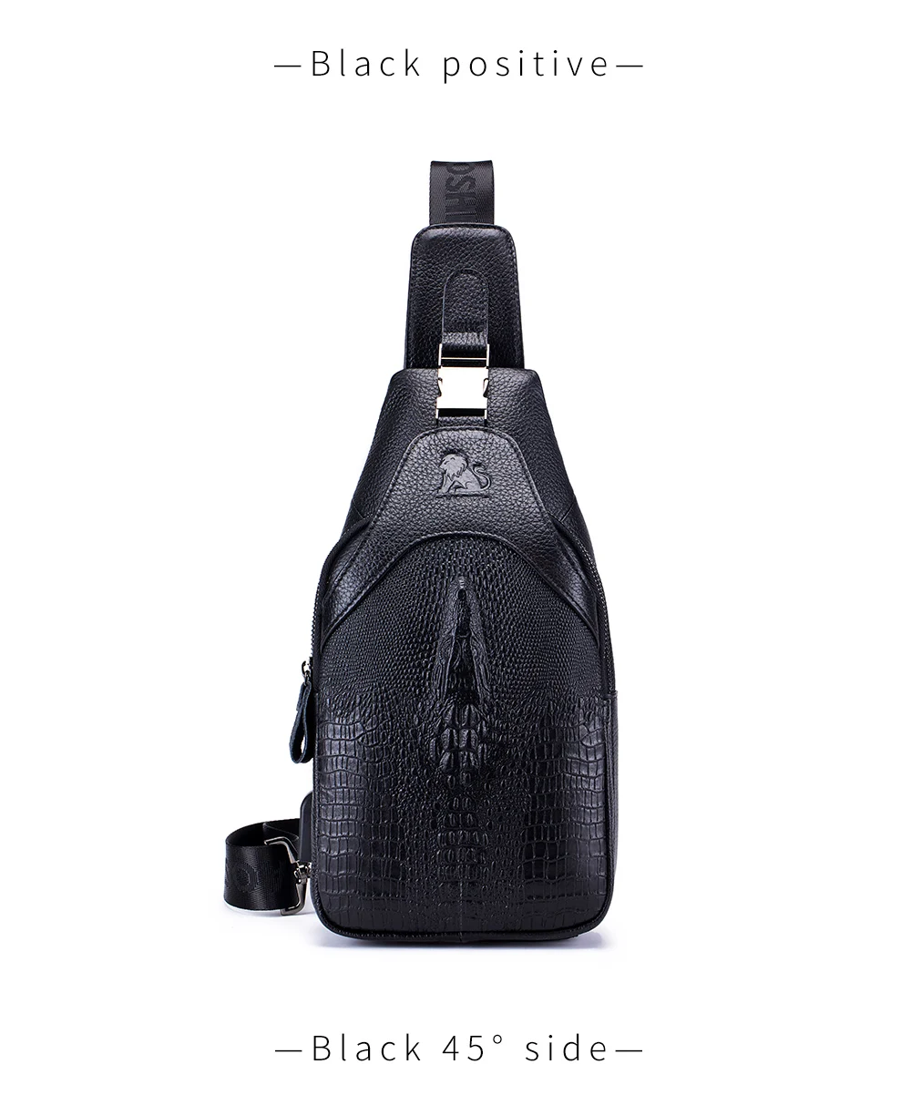 Men's leather chest bag, crossbody bag, crocodile pattern multifunctional bag with USB charging shoulder bag