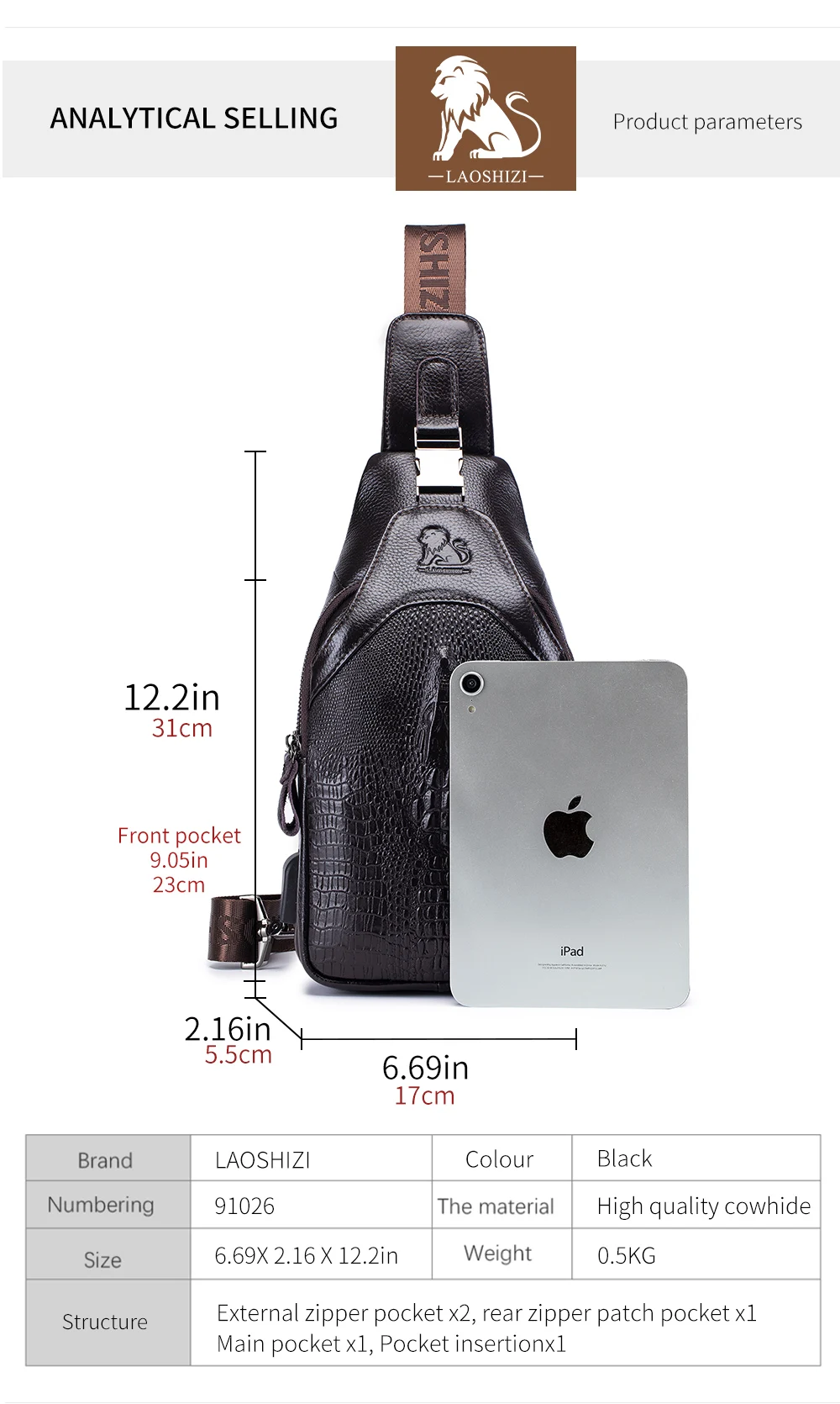 Men's leather chest bag, crossbody bag, crocodile pattern multifunctional bag with USB charging shoulder bag