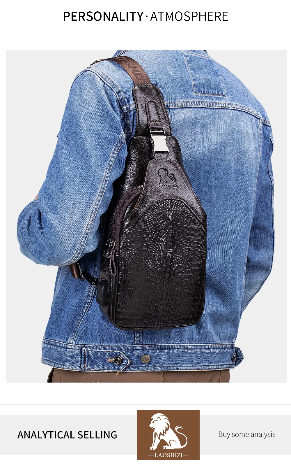 Men's leather chest bag, crossbody bag, crocodile pattern multifunctional bag with USB charging shoulder bag