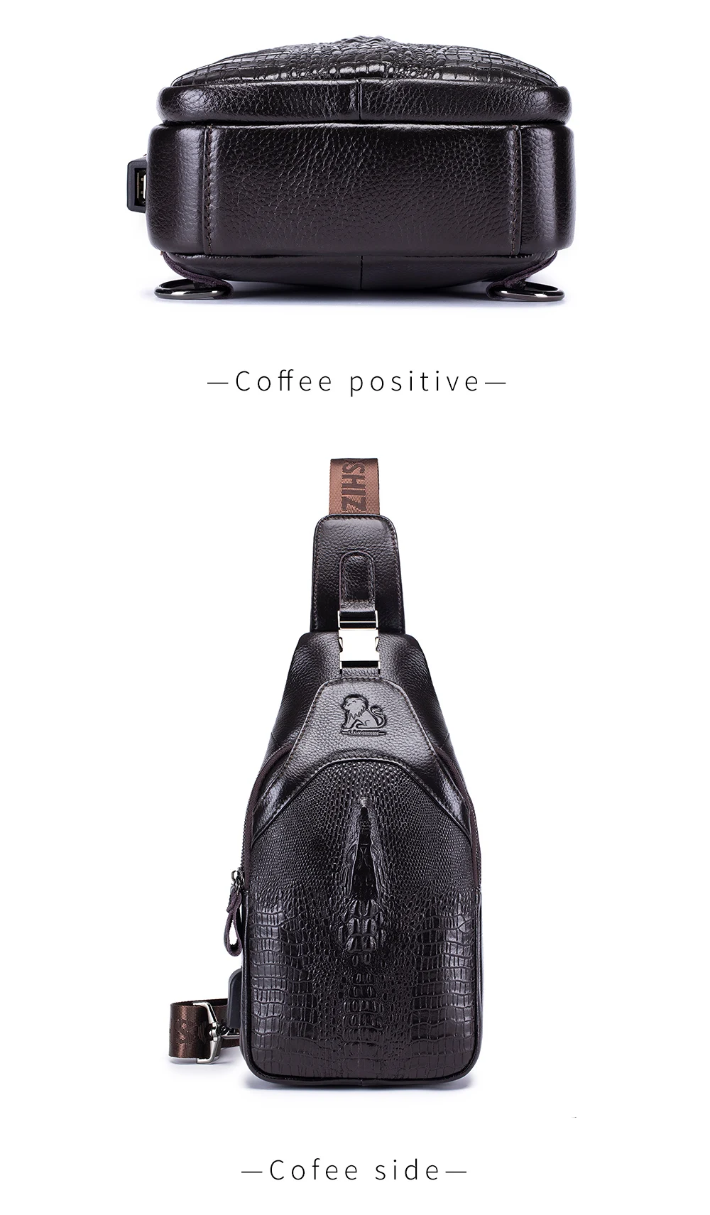 Men's leather chest bag, crossbody bag, crocodile pattern multifunctional bag with USB charging shoulder bag