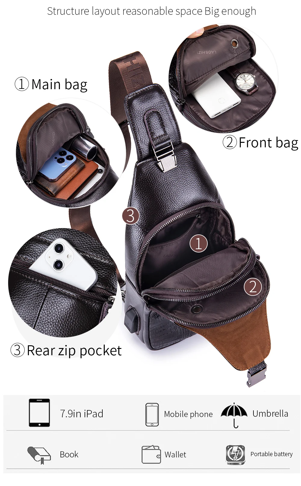 Men's leather chest bag, crossbody bag, crocodile pattern multifunctional bag with USB charging shoulder bag