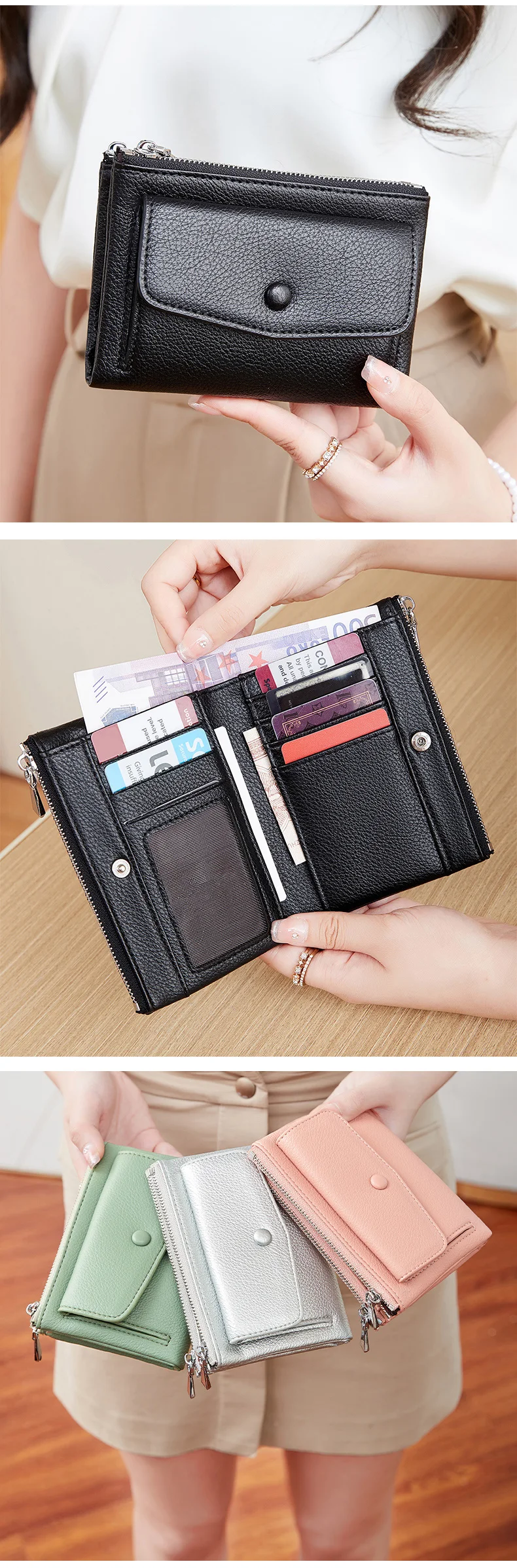 Women's Wallet PU Leather Short Double Zippered Wallet Simple Solid Color Large Capacity Credit Card Holder Bag With Coin Pocket