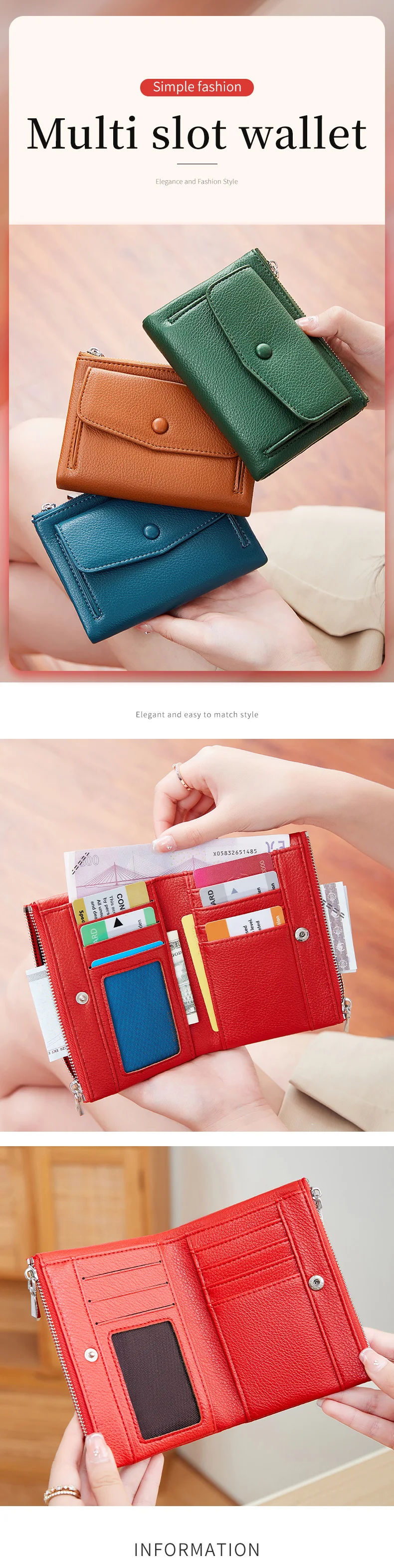 Women's Wallet PU Leather Short Double Zippered Wallet Simple Solid Color Large Capacity Credit Card Holder Bag With Coin Pocket