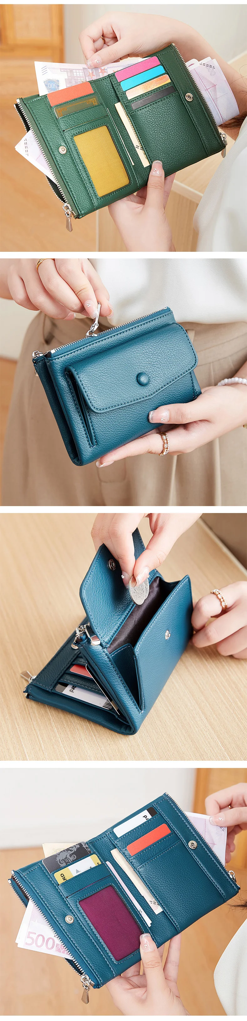Women's Wallet PU Leather Short Double Zippered Wallet Simple Solid Color Large Capacity Credit Card Holder Bag With Coin Pocket