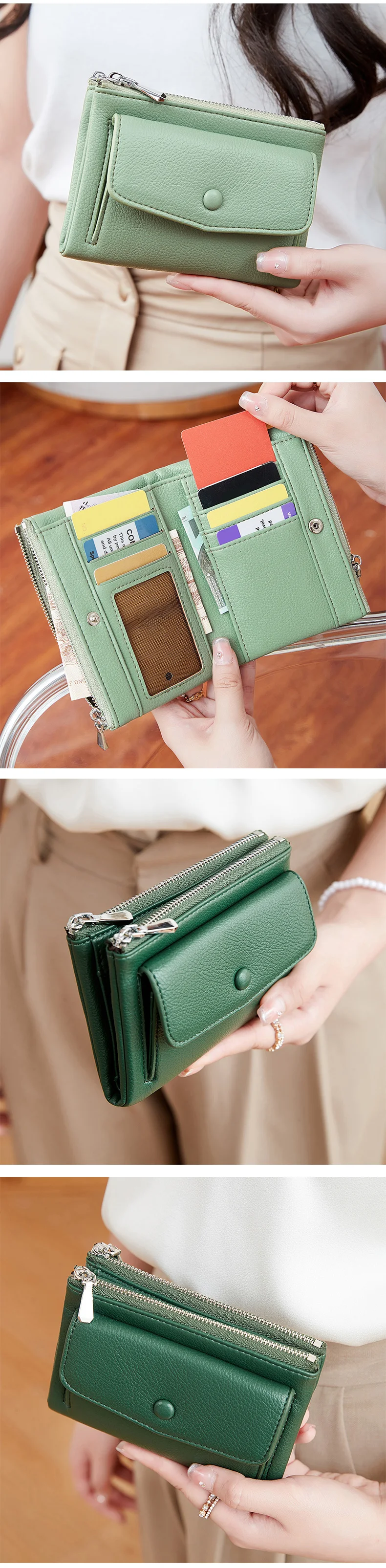 Women's Wallet PU Leather Short Double Zippered Wallet Simple Solid Color Large Capacity Credit Card Holder Bag With Coin Pocket