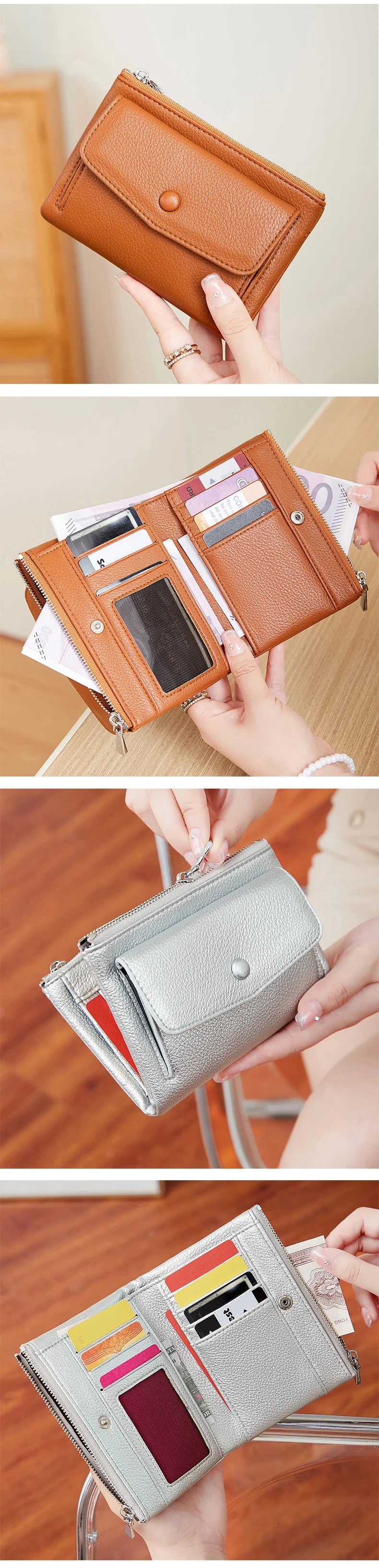 Women's Wallet PU Leather Short Double Zippered Wallet Simple Solid Color Large Capacity Credit Card Holder Bag With Coin Pocket