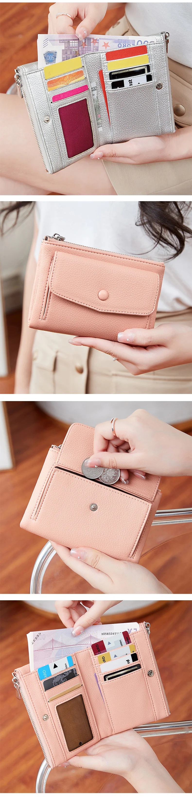 Women's Wallet PU Leather Short Double Zippered Wallet Simple Solid Color Large Capacity Credit Card Holder Bag With Coin Pocket