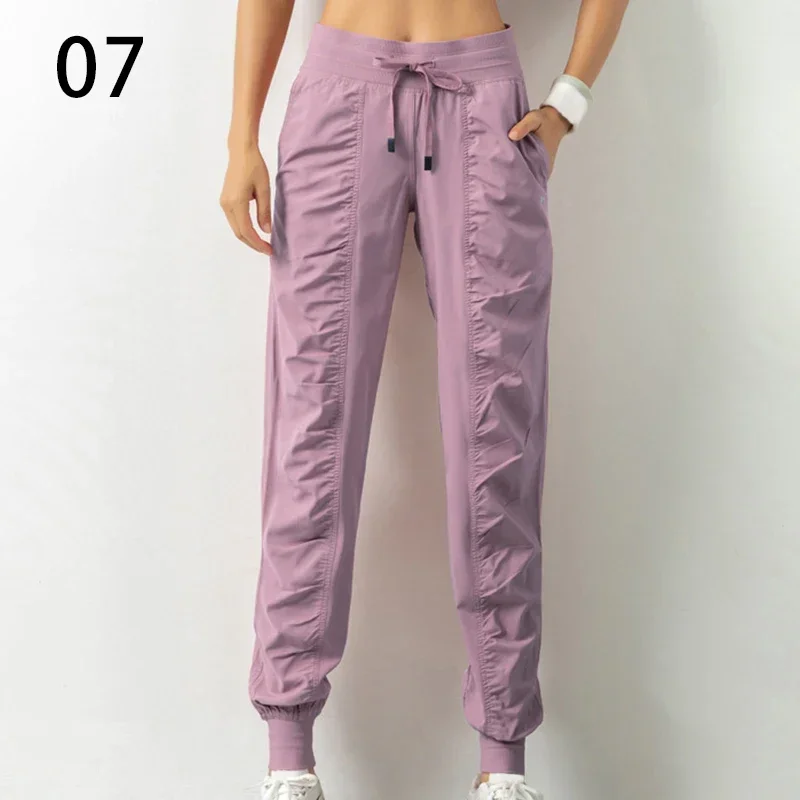 Sweatpants Fabric Drawstring Running Sport Joggers Women Quick Dry Athletic Gym Fitness with Two Side Pockets Exercise Pants