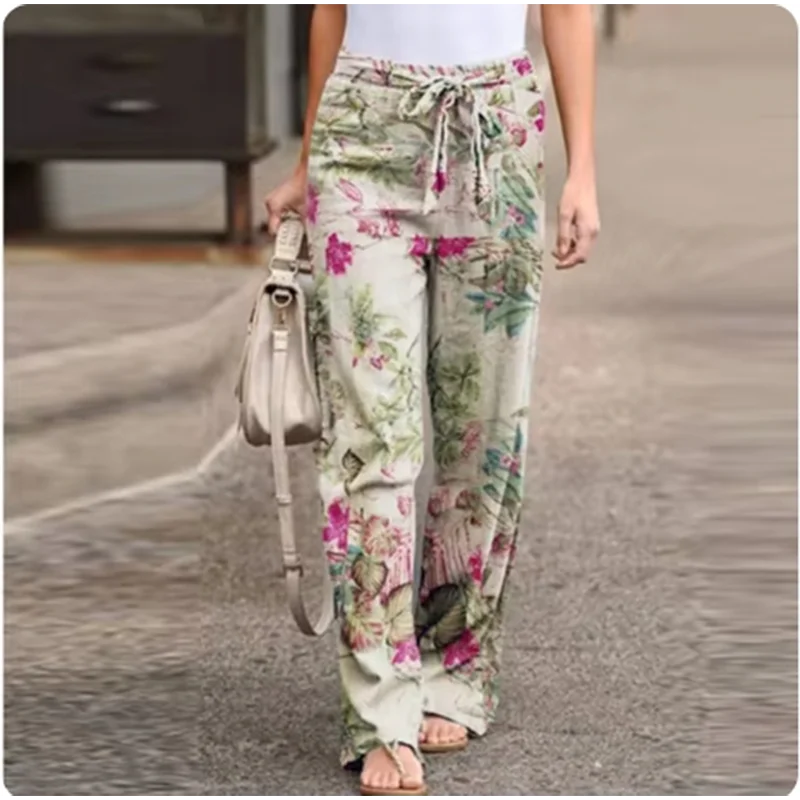Women's Vintage Casual Printed Art Pants Pocket Strap Straight Leg Loose Comfortable Pants