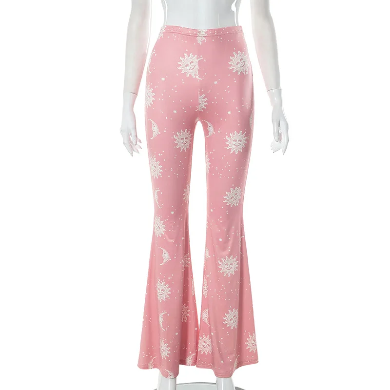Summer Fashion Pink Pants Women Casual Slim Printed Long Flared Pants Streetwear Women Low-Rise Patchwork Abstract Y2k Pants