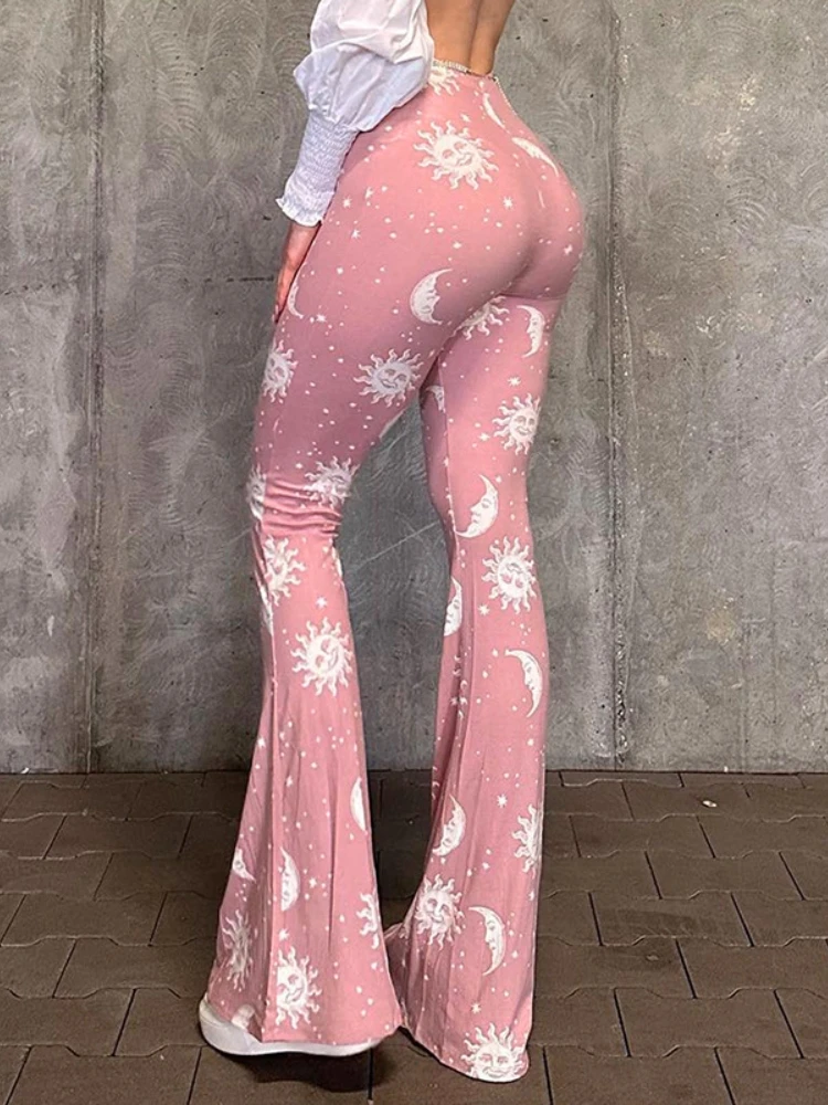 Summer Fashion Pink Pants Women Casual Slim Printed Long Flared Pants Streetwear Women Low-Rise Patchwork Abstract Y2k Pants