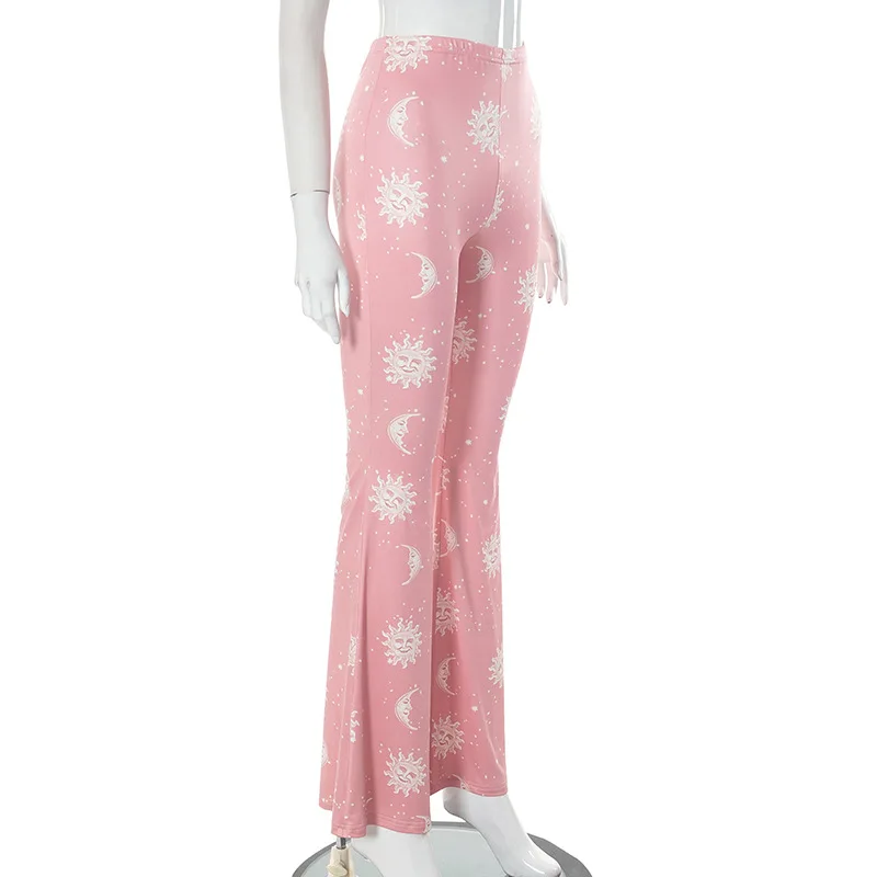 Summer Fashion Pink Pants Women Casual Slim Printed Long Flared Pants Streetwear Women Low-Rise Patchwork Abstract Y2k Pants