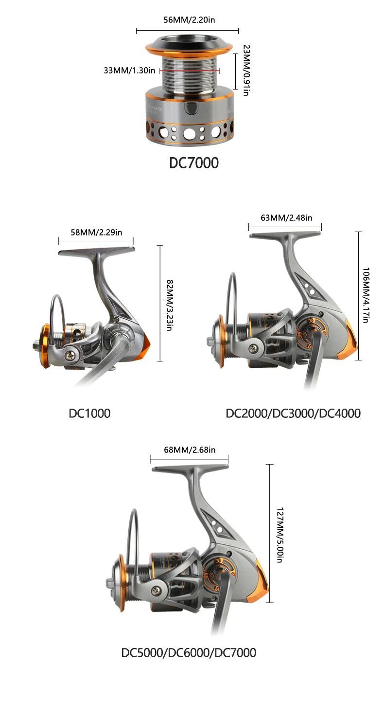 BILLINGS DC 1000~7000 Series,5.2:1 Gear Ratio,26LB Max Drag,CNC Metal Spool,Spinning Fishing Reel,For Freshwater Saltwater