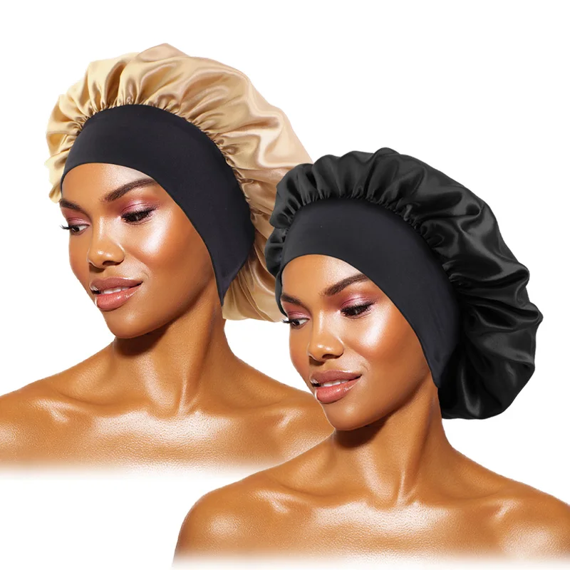 Women's Satin Solid Bonnets Wide-brimmed Night Sleeping Bathing Hat Unisex Head Wrap Elastic Band Cap Hair Care Bonnet