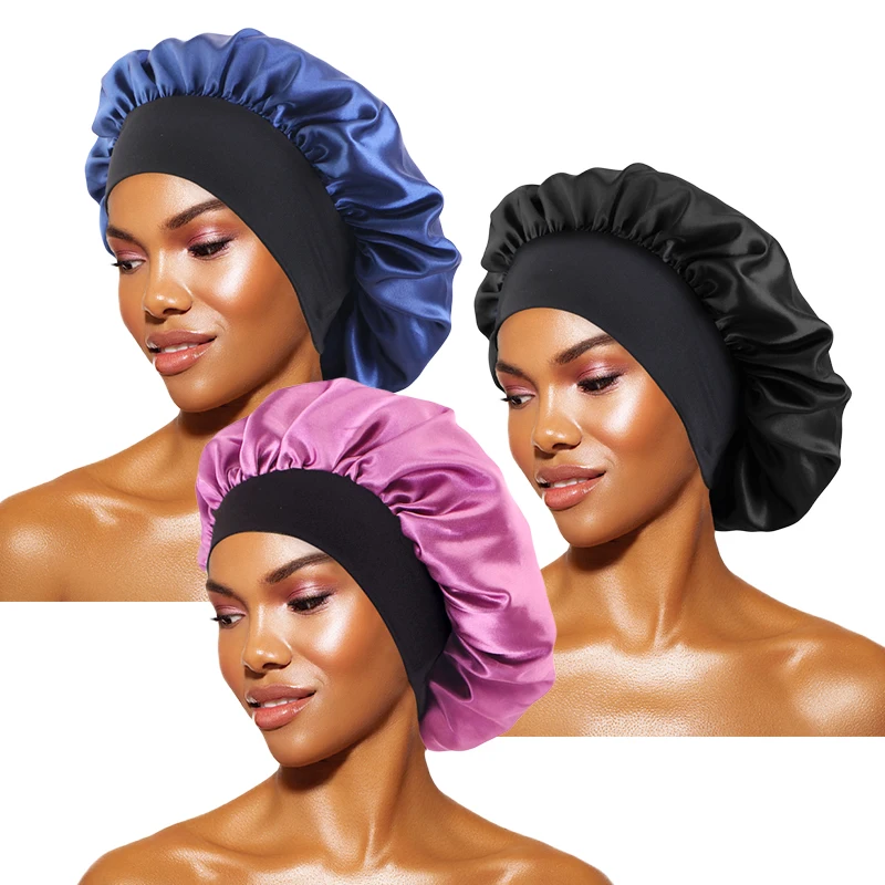 Women's Satin Solid Bonnets Wide-brimmed Night Sleeping Bathing Hat Unisex Head Wrap Elastic Band Cap Hair Care Bonnet