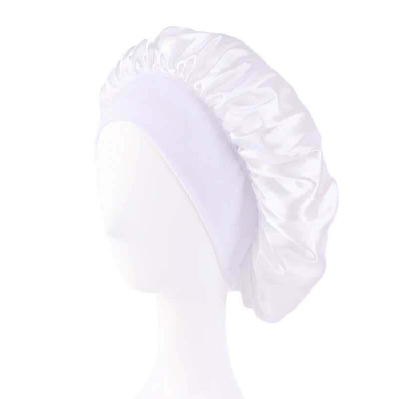 Women's Satin Solid Bonnets Wide-brimmed Night Sleeping Bathing Hat Unisex Head Wrap Elastic Band Cap Hair Care Bonnet