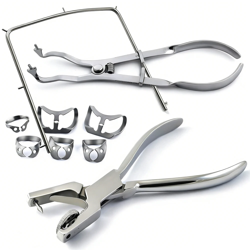 AG Dentistry Dam Hole Puncher Set With Leather Bag Pliers For Dentist Perforator Rubber Orthodontic Dental Tools Dam Clip