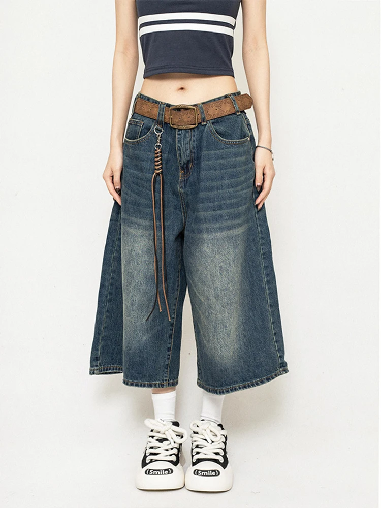 High Waist Black Retro Washed Denim Shorts Women's Harajuku Vintage Fashion Casual Loose Y2K Streetwear Mid Long Wide Leg Pants
