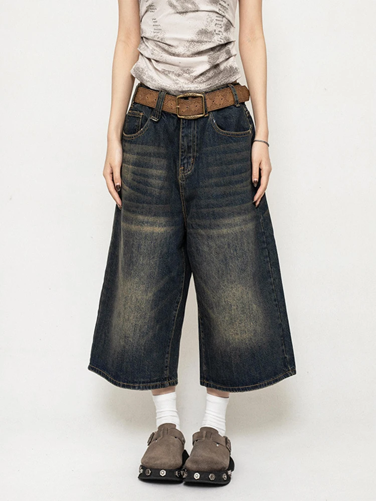 High Waist Black Retro Washed Denim Shorts Women's Harajuku Vintage Fashion Casual Loose Y2K Streetwear Mid Long Wide Leg Pants