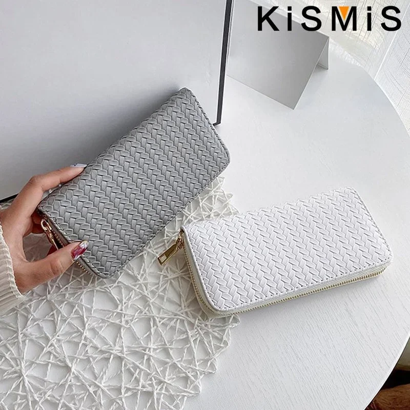 KISMIS Long Wallets Women Zipper Purse and Wallet New Fashion PU Leather Ladies Dinner Mobile Phone Bags Card Package Black