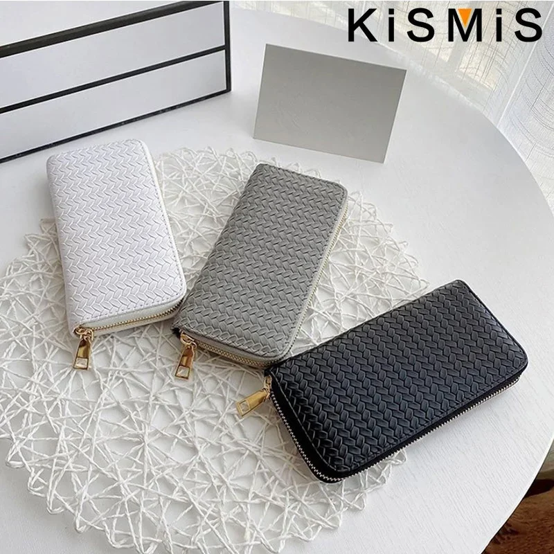 KISMIS Long Wallets Women Zipper Purse and Wallet New Fashion PU Leather Ladies Dinner Mobile Phone Bags Card Package Black