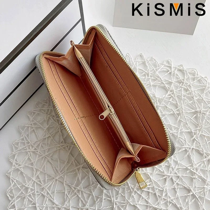 KISMIS Long Wallets Women Zipper Purse and Wallet New Fashion PU Leather Ladies Dinner Mobile Phone Bags Card Package Black