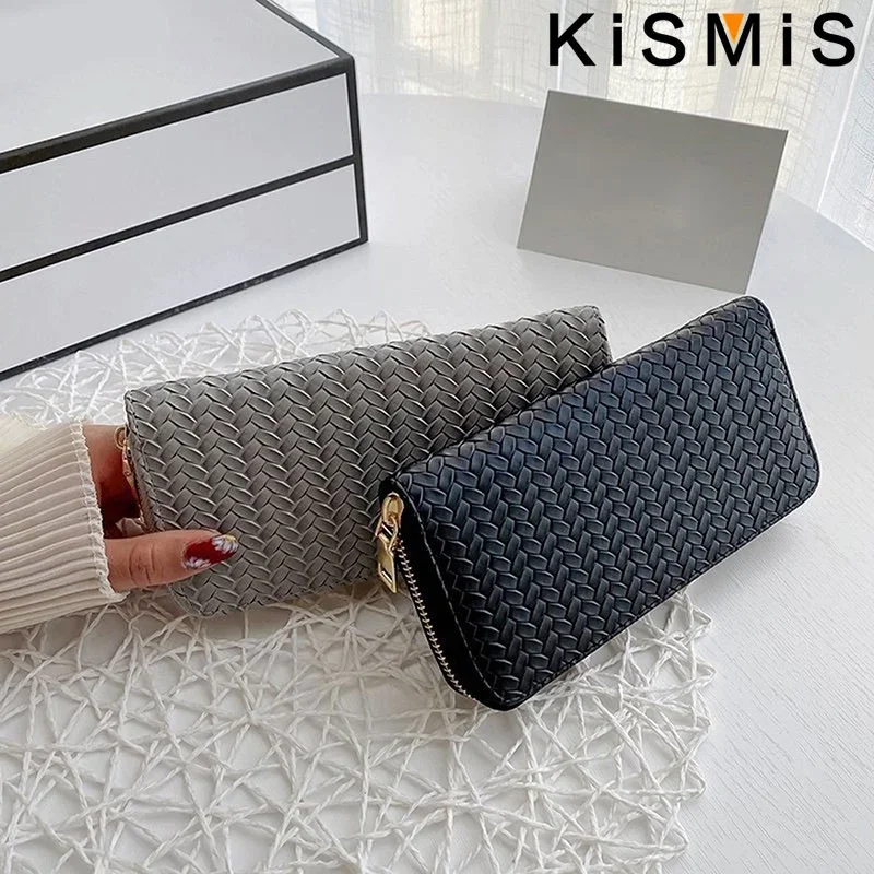 KISMIS Long Wallets Women Zipper Purse and Wallet New Fashion PU Leather Ladies Dinner Mobile Phone Bags Card Package Black
