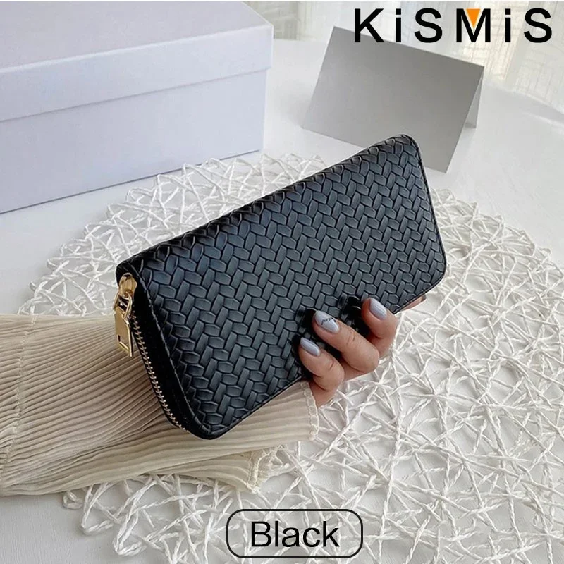 KISMIS Long Wallets Women Zipper Purse and Wallet New Fashion PU Leather Ladies Dinner Mobile Phone Bags Card Package Black
