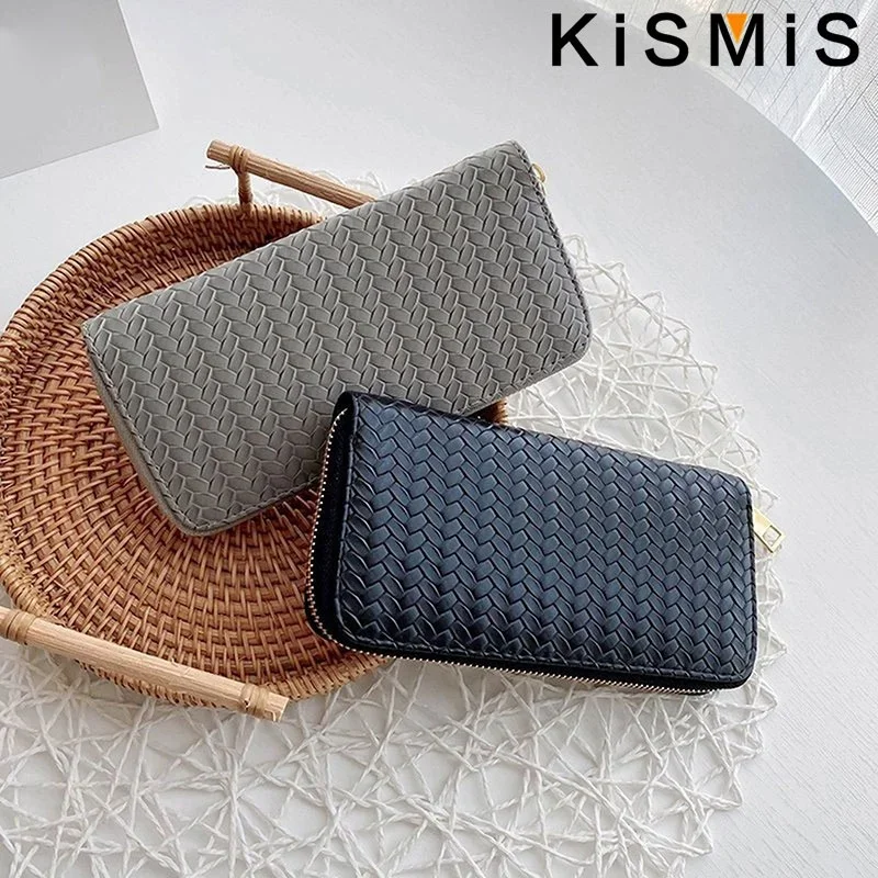 KISMIS Long Wallets Women Zipper Purse and Wallet New Fashion PU Leather Ladies Dinner Mobile Phone Bags Card Package Black