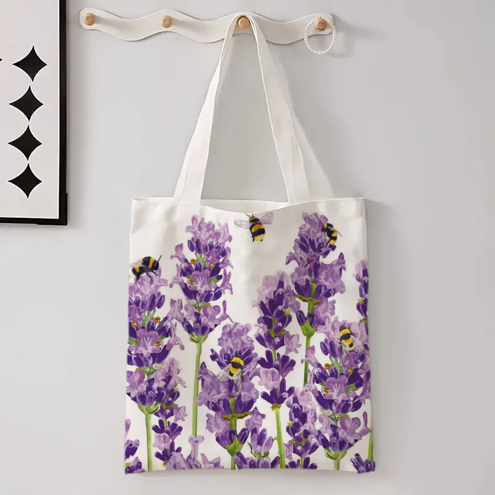 New Flower Printed Linen Bag For Women, Versatile Shoulder Bag, Lavender, Various Small Flower Patterns Shopping Bag