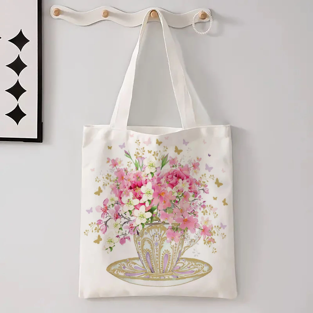 New Flower Printed Linen Bag For Women, Versatile Shoulder Bag, Lavender, Various Small Flower Patterns Shopping Bag
