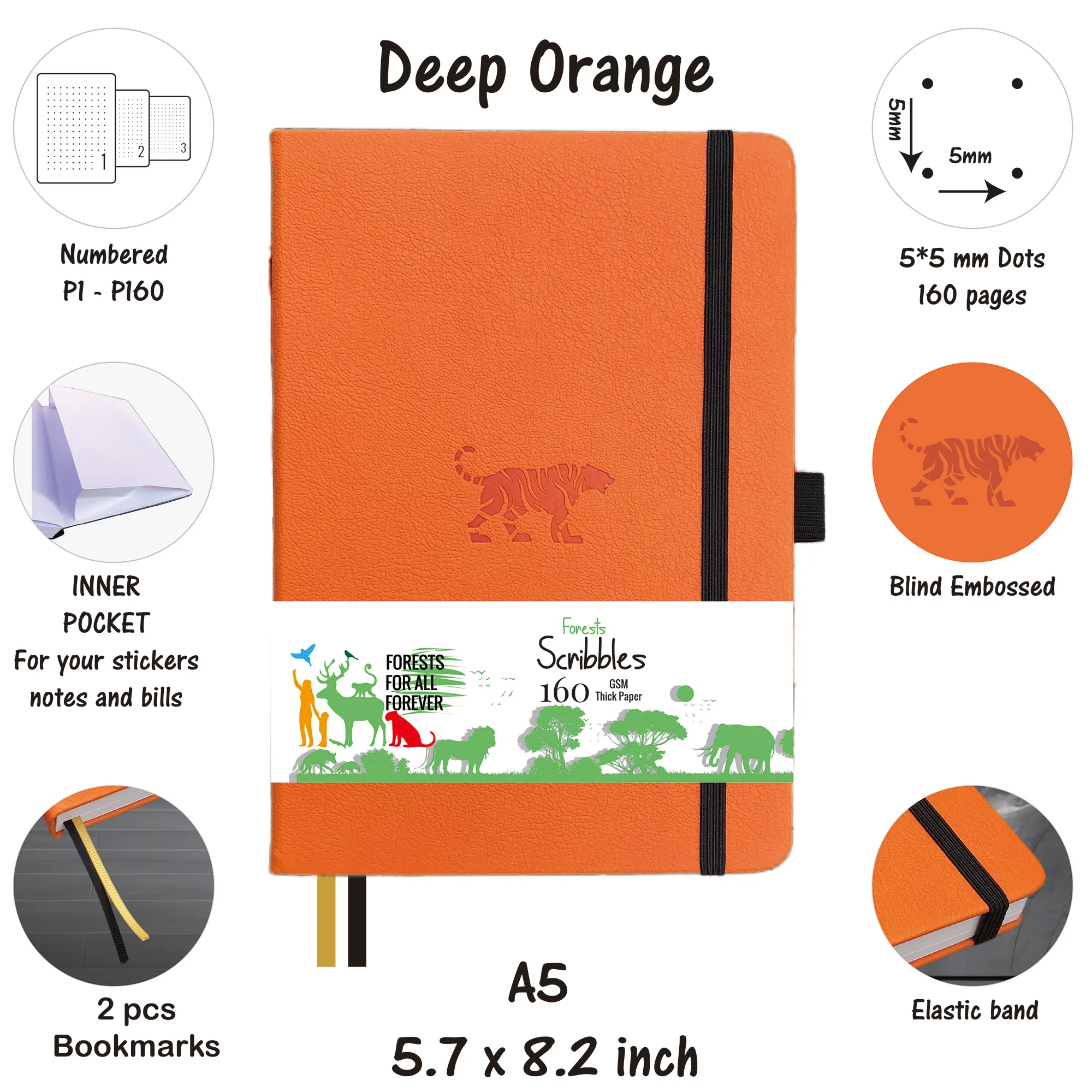 BUKE Tiger Dotted Journal, 160gsm Thick Paper Dot Grid Notebook 160 Pages Numbered, 5*5mm DOT-GRID Layouts