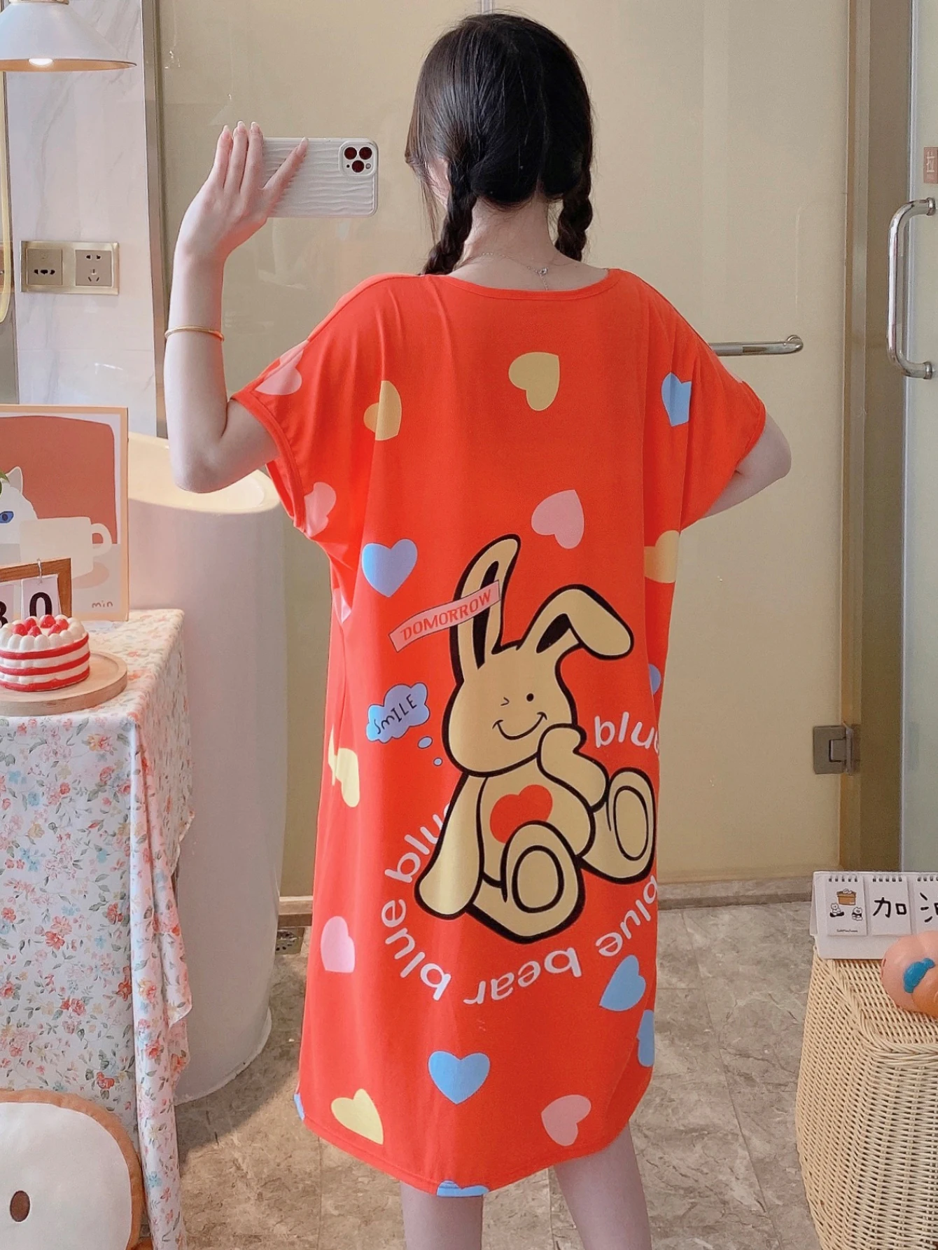 1PC, Summer And Autumn Cool Cute Girls Cartoon Nightdress, Comfortable Short-sleeved Dress, Women's Home Wear, Polyester Pajama